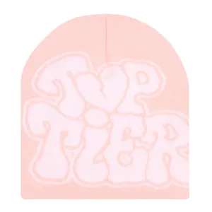 Pink knit beanie winter warm cap with top tier letter design stylish casual hat.