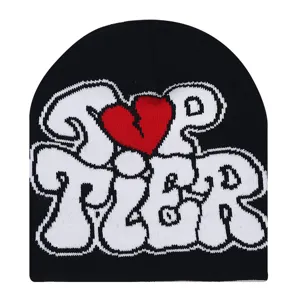 Black winter knitted beanie hat with stylish white letter graphic and red heart design for men women