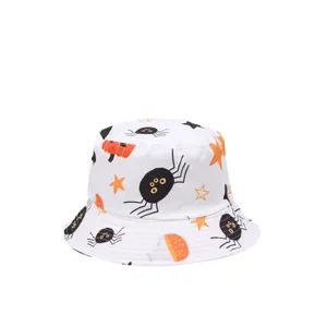 White bucket hat with cute spider and pumpkin print, perfect for outdoor sun protection.
