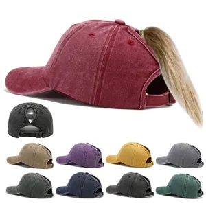 Cappellino da Baseball con Coda di Cavallo in Cotone Lavato Vintage Donna Usurato Casual Tesa Curva Cappello da Sole
