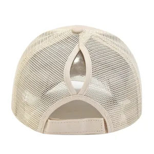 Women's beige mesh ponytail baseball cap, breathable summer sun hat with adjustable strap.