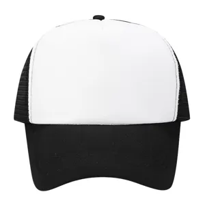 Close-up detail of the black and white trucker mesh hat showing the breathable structure.