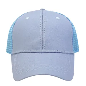 Light blue trucker hat with breathable mesh back, casual curved brim summer baseball cap.
