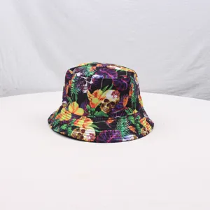 Skull floral print bucket hat, vintage sun protection cap for outdoor travel and daily wear.
