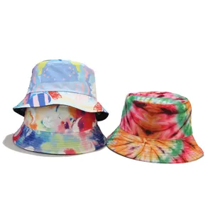 Wendbarer Batik Fischerhut Retro Mehrfarbig Bedruckter Sonnenhut Baumwoll-Polyester Breiter Krempe Anglerhut Für Outdoor Reisen