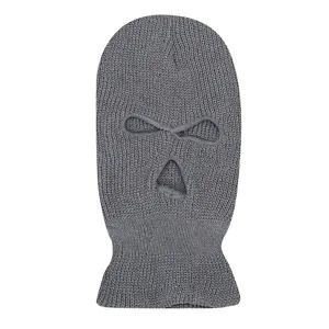 Detail view of the gray knitted balaclava mask, showing texture and three-hole design.