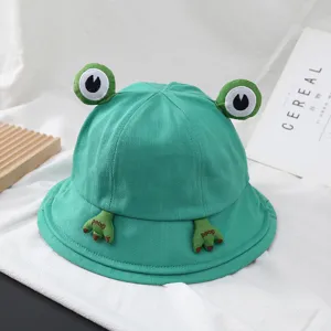 Cute green frog bucket hat with 3D eyes and fun embroidery for summer sun protection and daily wear.
