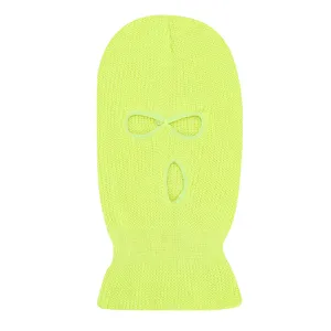Fluorescent green knit balaclava detail, 3-hole ski mask close-up for winter outdoor windproof.