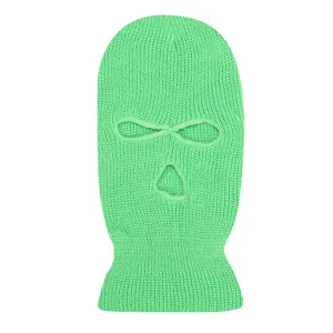 Green knitted balaclava detail view showing 3-hole structure and soft woolen texture for winter.