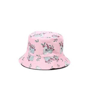 Pink koala print bucket hat for women summer sun protection stylish casual outdoor sun hat