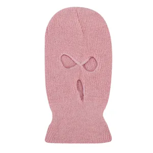 Pink knit three-hole balaclava detail view, showing warm winter windproof ski cap fabric.