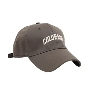 Detailed view of dark grey baseball cap with embroidered Colorado letters, classic design.