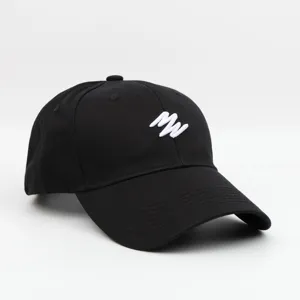 Detailed close-up of a black baseball cap with white embroidered MW logo and curved brim.