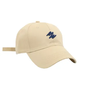 Khaki baseball cap with blue embroidery detail, classic outdoor sun protection casual hat.