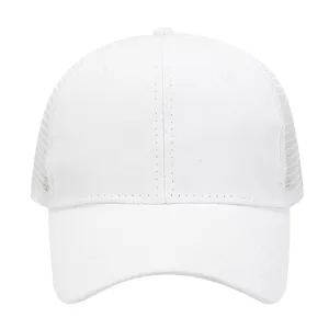 Detail view of the breathable white mesh baseball cap, showing front fabric and ventilation design.