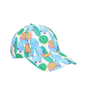 Vue détaillée d'une casquette de baseball imprimée à la mode avec motif de cactus coloré.