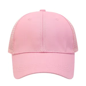 Detailed close-up view of the pink mesh baseball cap showing fine breathable fabric.