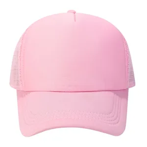 Pink solid trucker hat detail view, breathable mesh snapback cap for summer outdoor sun.