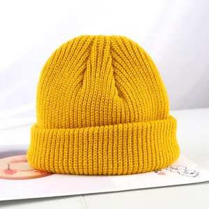 Yellow knitted beanie hat dockerman cap winter warm hip hop solid color skull cap stylish