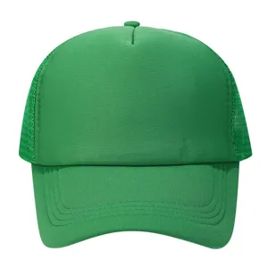 Green trucker cap detail showing breathable mesh back, foam front panel, and curved brim.