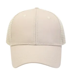 Beige mesh trucker baseball cap detail closeup, breathable summer sun hat for outdoor wear.
