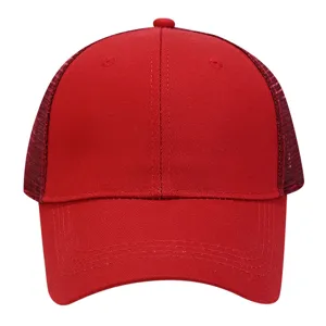 Close-up detail of the red mesh baseball cap front crown and breathable mesh panels.