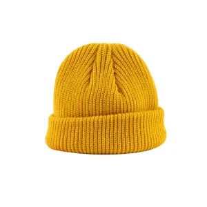 Solid yellow knitted beanie hat winter warm melon cap casual skullcap cap for men women