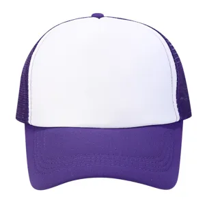 Summer breathable mesh baseball cap, solid color purple and white trucker sun hat.
