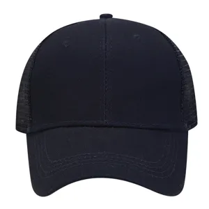 Dark blue mesh baseball cap with breathable trucker design, curved brim for sun protection.