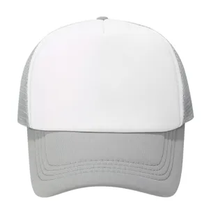 Plain white and grey trucker hat breathable mesh baseball cap for summer outdoor sun protection.
