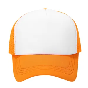 Close-up detail of the orange and white mesh trucker hat showing breathable fabric and neat seams.