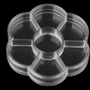 Gros plan detail de la boite de rangement transparente en plastique forme de fleur.