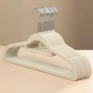 Velvet flocked clothes hangers detail shot, non-slip seamless design for wardrobe storage.