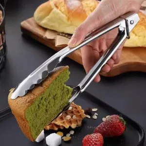 Stainless steel food tongs for kitchen baking bread and barbecue use, durable and practical.