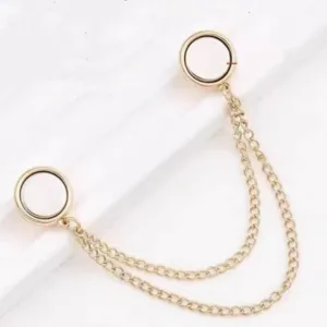 Gold magnetic chain buckle for clothes fixing, sleeve holder, and waist tightening detail.