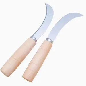 Stainless steel curved fruit knife with wooden handle for harvesting and peeling tasks efficiently.