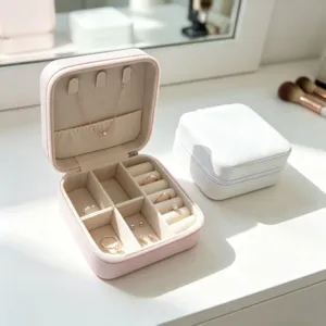 Detail view of the portable travel jewelry box featuring soft velvet lining, ring rolls, and compartments.