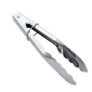 Stainless steel food tong detail view, professional kitchen BBQ clip, scalloped edge.