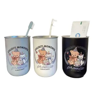 Set de tasses de bain de bouche en inox, porte-brosse à dents double paroi motif ours.