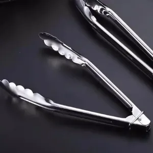 Stainless steel food tongs for kitchen, bread barbecue and buffet serving tools, durable metal.