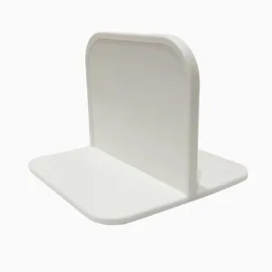 Detail view of the white plastic shelf divider, T-shape bracket for wardrobe storage.