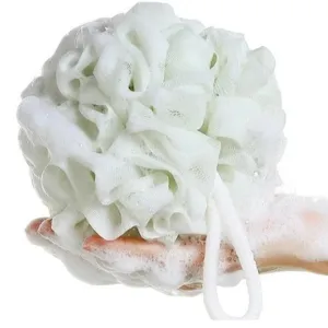 Esponja de baño blanca malla de ducha con cuerda para colgar limpieza corporal diaria.