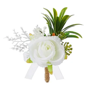White artificial rose boutonnière with green leaves and jute twine stem for wedding party