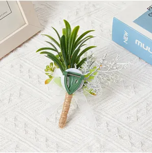 Detailed view of wedding groom boutonniere pin, artificial flower corsage for men party.