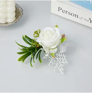 Artificial white rose boutonniere for wedding groom groomsmen prom party suit decor.