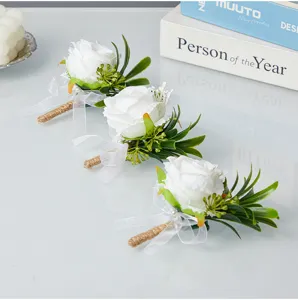 Wedding white rose boutonniere groom groomsmen corsage lapel pin for party prom suit