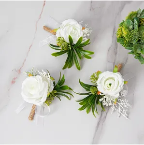 White artificial rose boutonniere groomsman corsage wedding party suit suit brooch flower