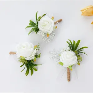 Artificial white rose boutonniere for wedding groom, elegant lapel flower and men brooch set.