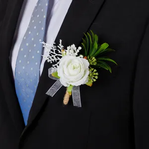 Elegant men wedding white rose boutonniere groomsman corsage party suit brooch flower decor