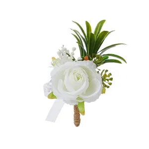 Wedding white rose boutonniere for groom groomsmen prom party artificial flower brooch